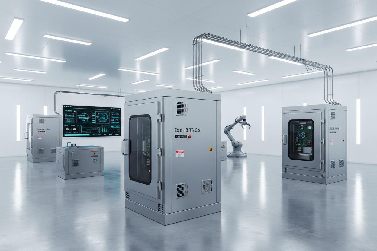 In einem modernen hellen Raum. Eher so in einem hoch technischen Raum stehen ein paar ex Industrie Gehäuse 