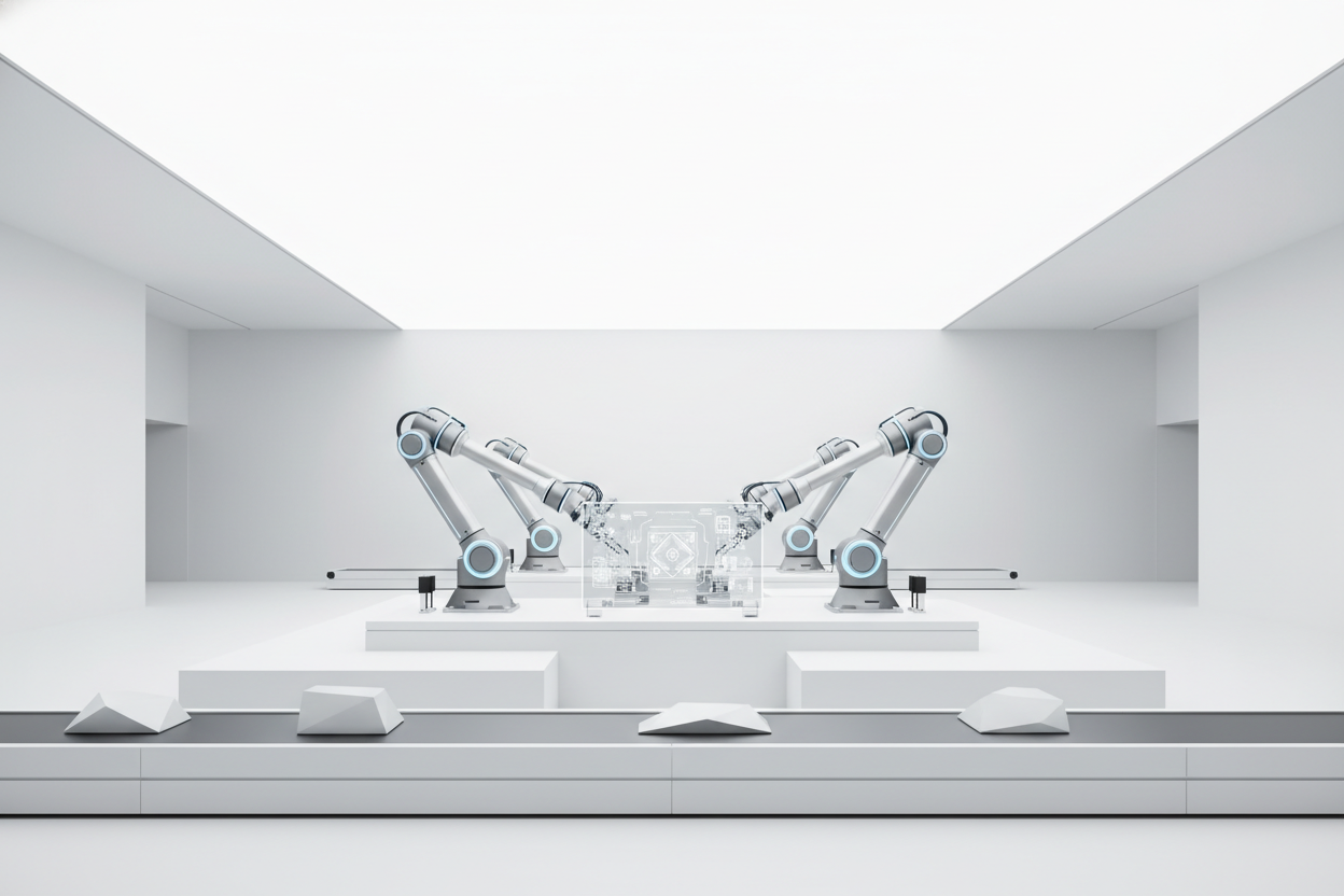 Moderne Robotik Industrie in einem modernen und minimalistischen raum. Hintergrund ist hell... eher weiß und viel freiraum